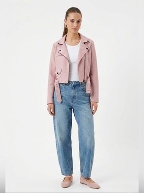 Triple 7 Pink & White Houndstooth Cropped Moto Jacket - Size Large